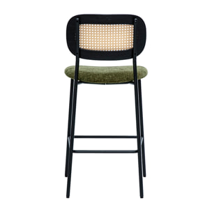 Tabourets design en tissu effet velours texturé vert kaki, métal noir et cannage rotin (lot de 2) MIRANDA