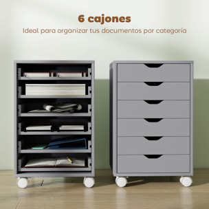 Cajonera Escritorio, Archivador Móvil con 6 Cajones, Soporte para Impresora con Ruedas, Guías Deslizantes Silenciosas, para Oficina, Casa, Gris
