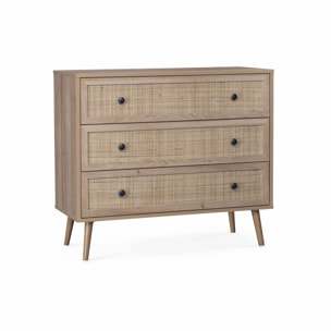 Commode en décor bois et cannage 90x39x79cm - Bohème - 3 tiroirs