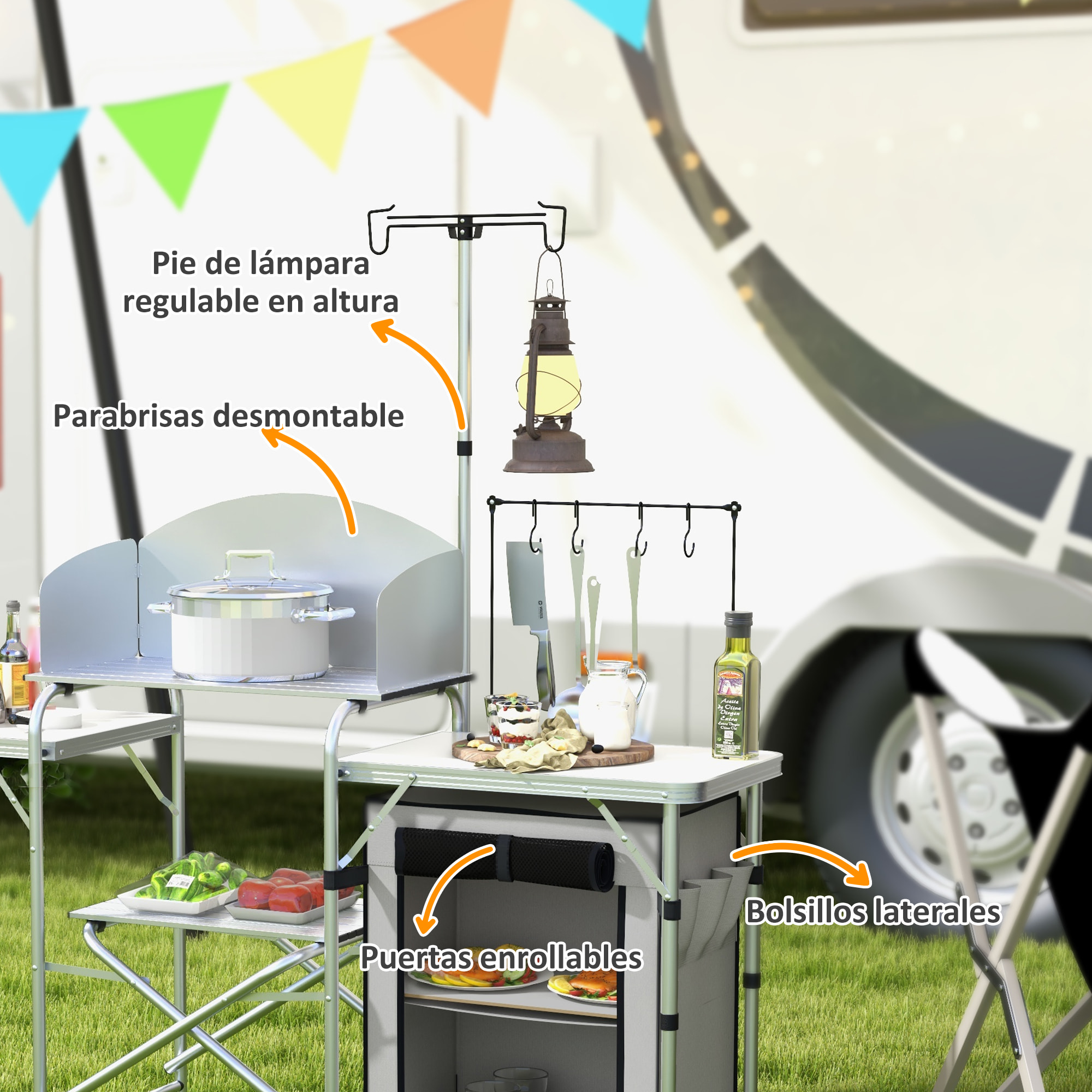 Mueble de Cocina para Camping Armario para Camping Plegable con Mesas Estantes Poste de Luz Elevable y Bolsa de Transporte para Acampada Picnic 144x48x119 cm Plata y Gris Claro