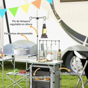 Mueble de Cocina para Camping Armario para Camping Plegable con Mesas Estantes Poste de Luz Elevable y Bolsa de Transporte para Acampada Picnic 144x48x119 cm Plata y Gris Claro
