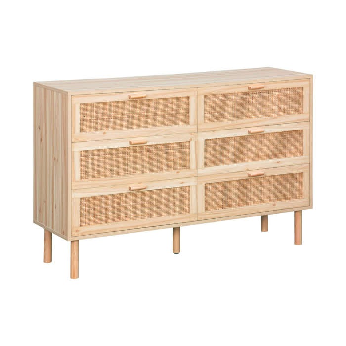 Commode 6 tiroirs cannage et effet bois CAMARGUE L 120 x P 40 x H 80cm