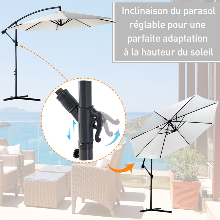 Parasol déporté octogonal inclinable manivelle pied acier Ø 3 x 2,5H m crème