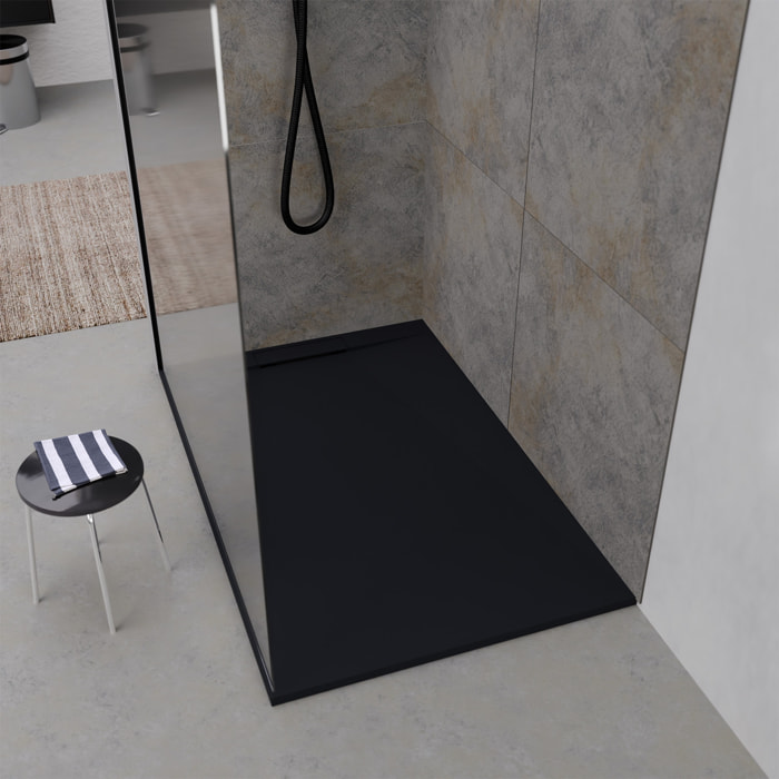 Receveur 120x80x3cm Extra-plat en Polybéton Noir Mat Effet Pierre - Redécoupable - LIANA