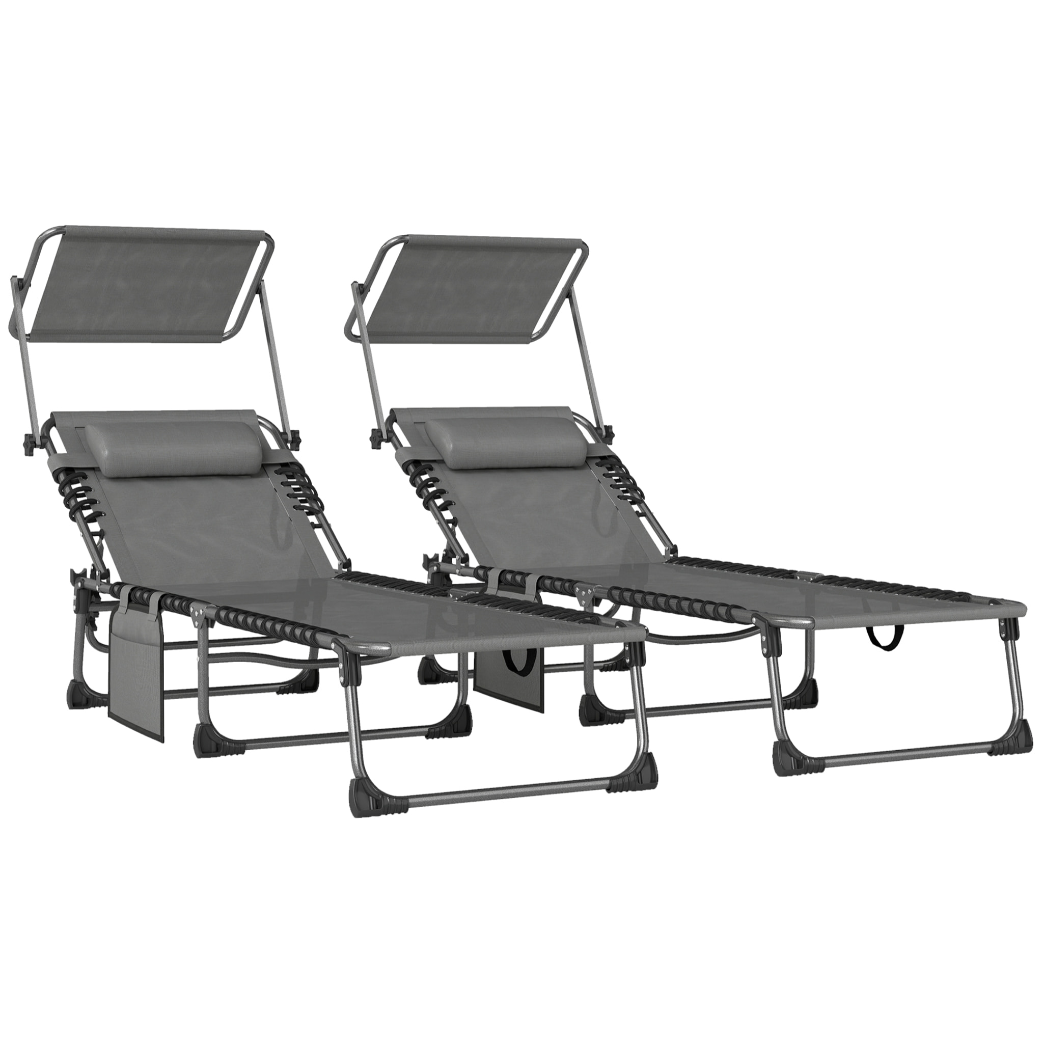 Set de 2 Tumbonas Jardín Exterior, Tumbonas Plegables con Reposacabezas, Parasol y Bolsillo Lateral, Respaldo Reclinable 5 Posiciones y Asiento Malla Transpirable para Playa, Piscina, Gris