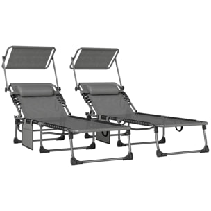 Set de 2 Tumbonas Jardín Exterior, Tumbonas Plegables con Reposacabezas, Parasol y Bolsillo Lateral, Respaldo Reclinable 5 Posiciones y Asiento Malla Transpirable para Playa, Piscina, Gris