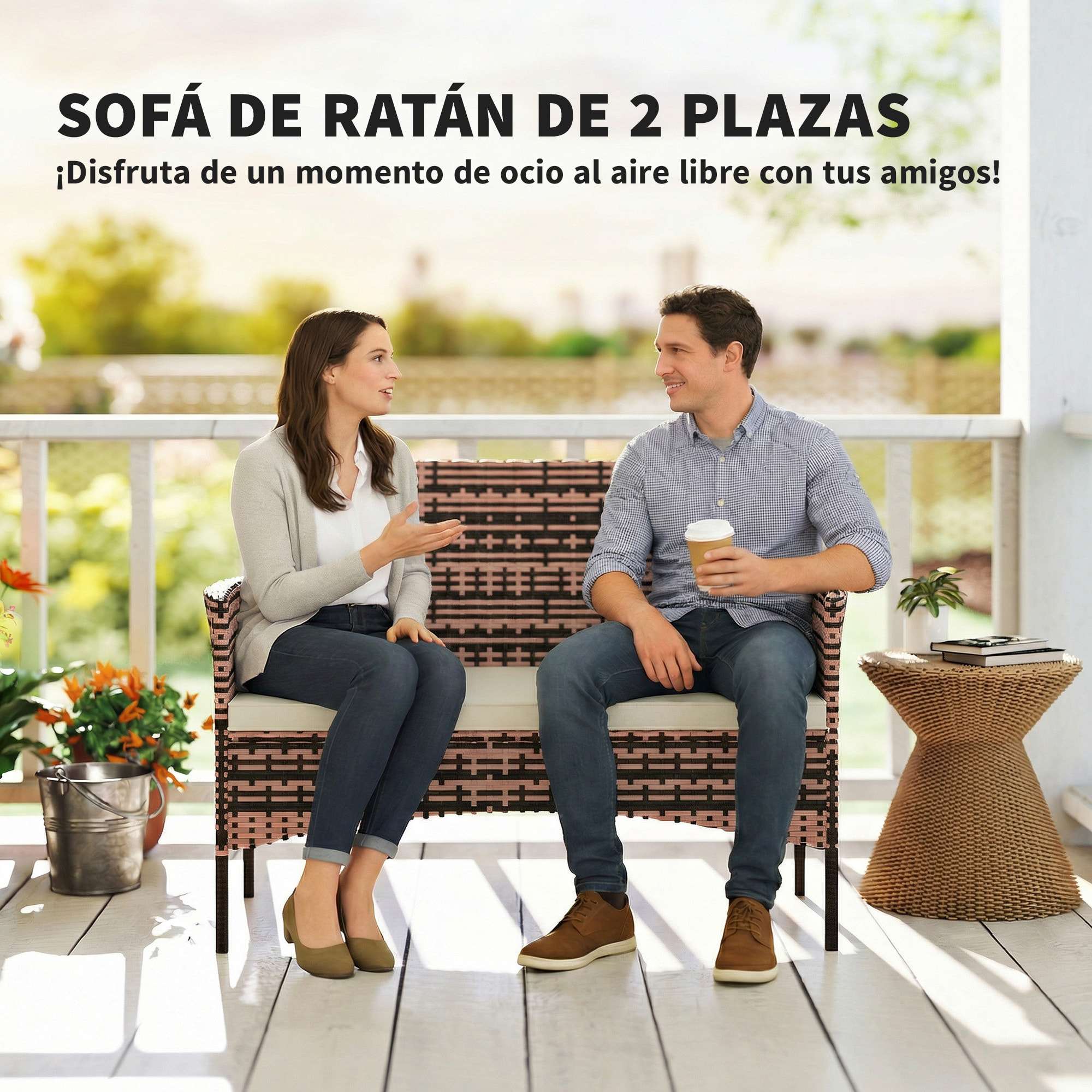 Sofá Exterior de Ratán de 2 Plazas, Sofá de Jardín Exterior con Cojín Lavable, Estructura de Acero, para Balcón, Porche, Patio, Caqui