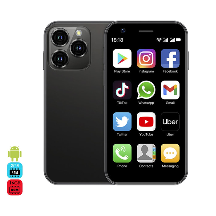 DAM Mini smartphone XS16 4G, Android 8.1, 2GB RAM + 16GB. Pantalla 3''.Doble tarjeta SIM. 4,5x1,2x10,2 Cm. Color: Negro