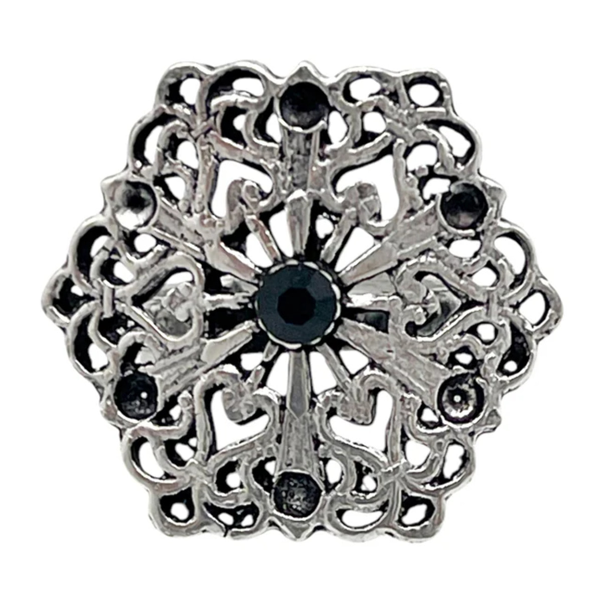Anillo Retro cristal negro y plata envejecido chapado