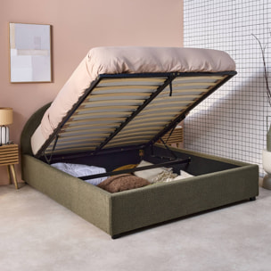 Lit coffre avec sommier à lattes et tête de lit. finition bouclette. kaki. L216.5 x P174 x H102cm
