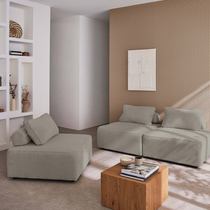 Lot de 3 chauffeuses pour canapé modulables velours côtelé gris clair avec un coussin