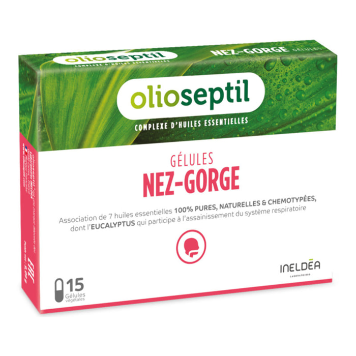 OLIOSEPTIL - Duo Nez-Gorge - Assainit le système respiratoire - Apaise la gorge  - Soulage la congestion nasale - 1 étui de 15 gélules végétales + 1 flacon spray de 20 ml