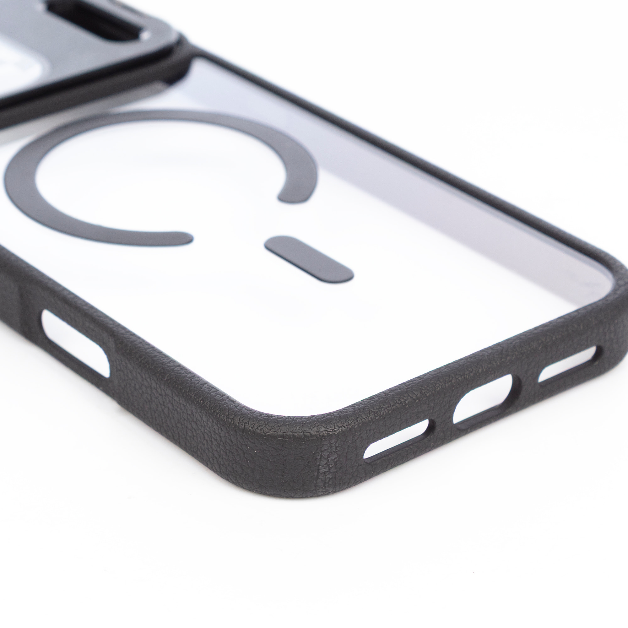 Cover trasparente con copertura della fotocamera pieghevole che funge da supporto, bordi neri. MagSafe per iPhone 17 Air.