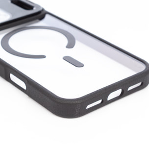 Cover trasparente con copertura della fotocamera pieghevole che funge da supporto, bordi neri. MagSafe per iPhone 17 Air.