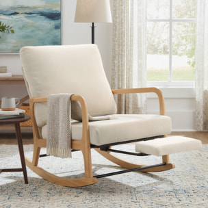 Silla Mecedora con Reposapiés, Respaldo Ajustable, Mecedora de Pana Nórdica, Patas de Madera, Reposabrazos, Cojín Lumbar, Sillón para Lactancia, Carga 120 kg, para Dormitorio, Salón, Crema