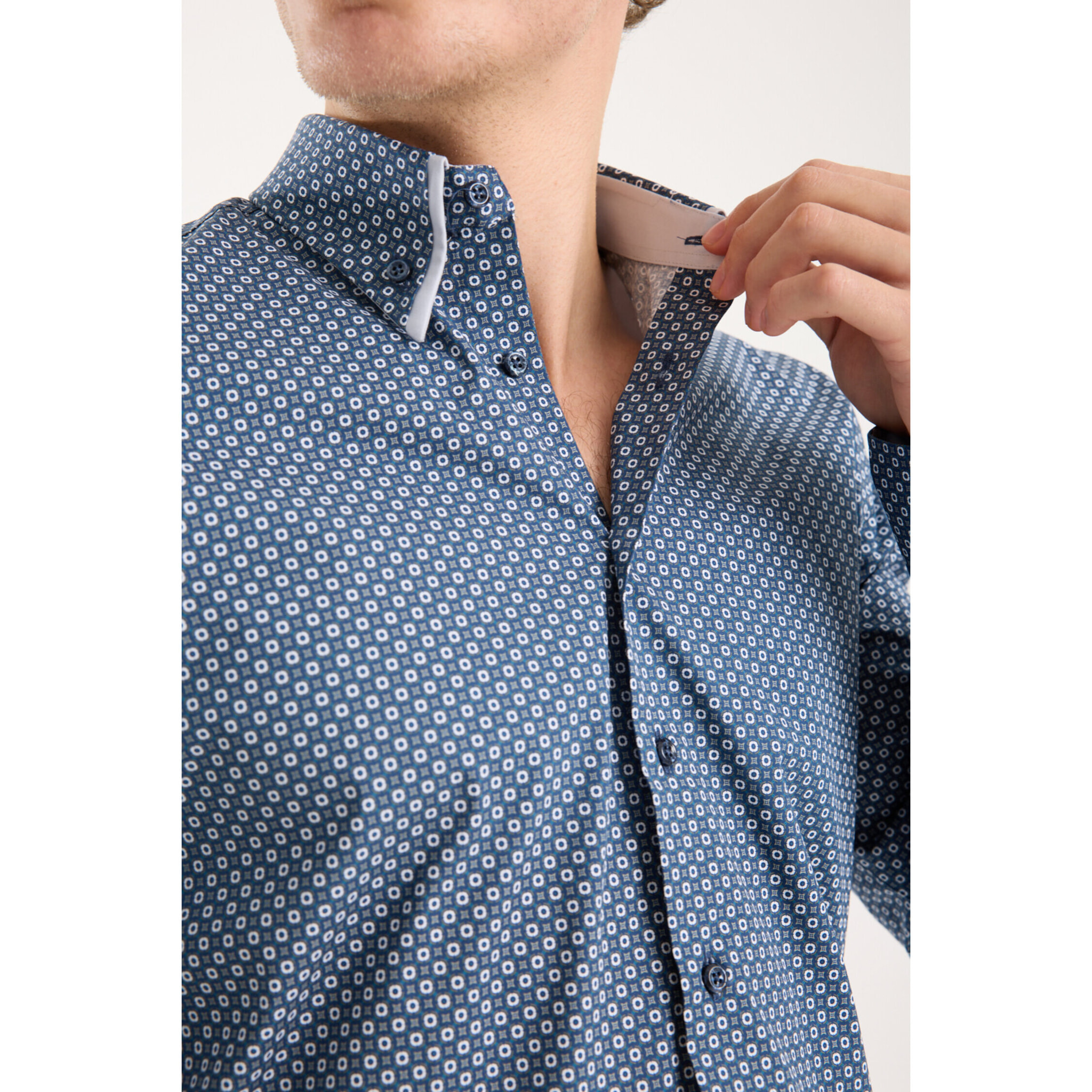 Camicia Uomo 2 Bottoni Button Down Doppio Coll Popeline Stretch Stampato Blu\Bianco