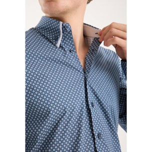 Camicia Uomo 2 Bottoni Button Down Doppio Coll Popeline Stretch Stampato Blu\Bianco