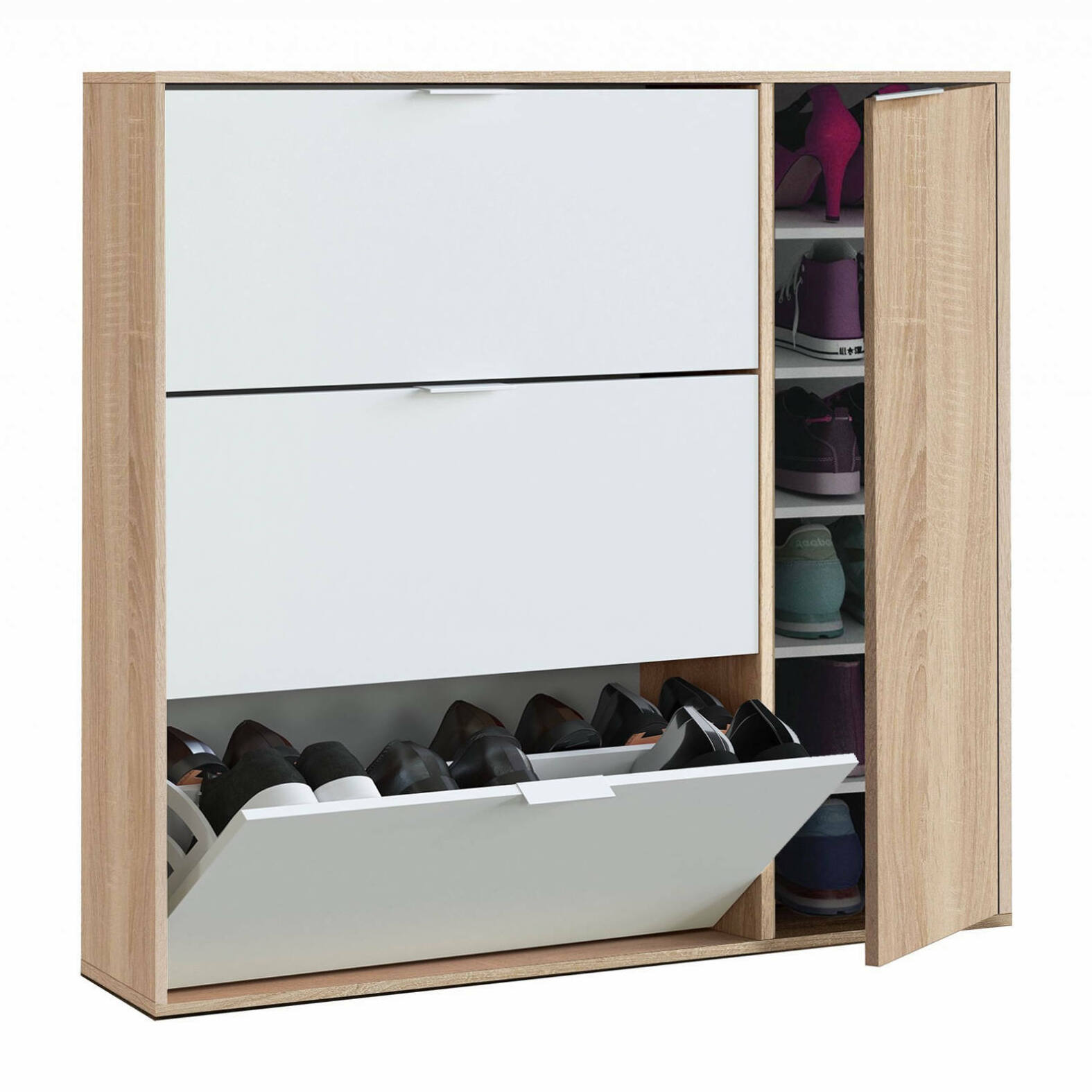 Scarpiera Provo, Armadio portascarpe a 4 ante, Mobile basso multiuso con 5 ripiani, Scarpiera moderna, cm 106x22h115, Rovere e Bianco