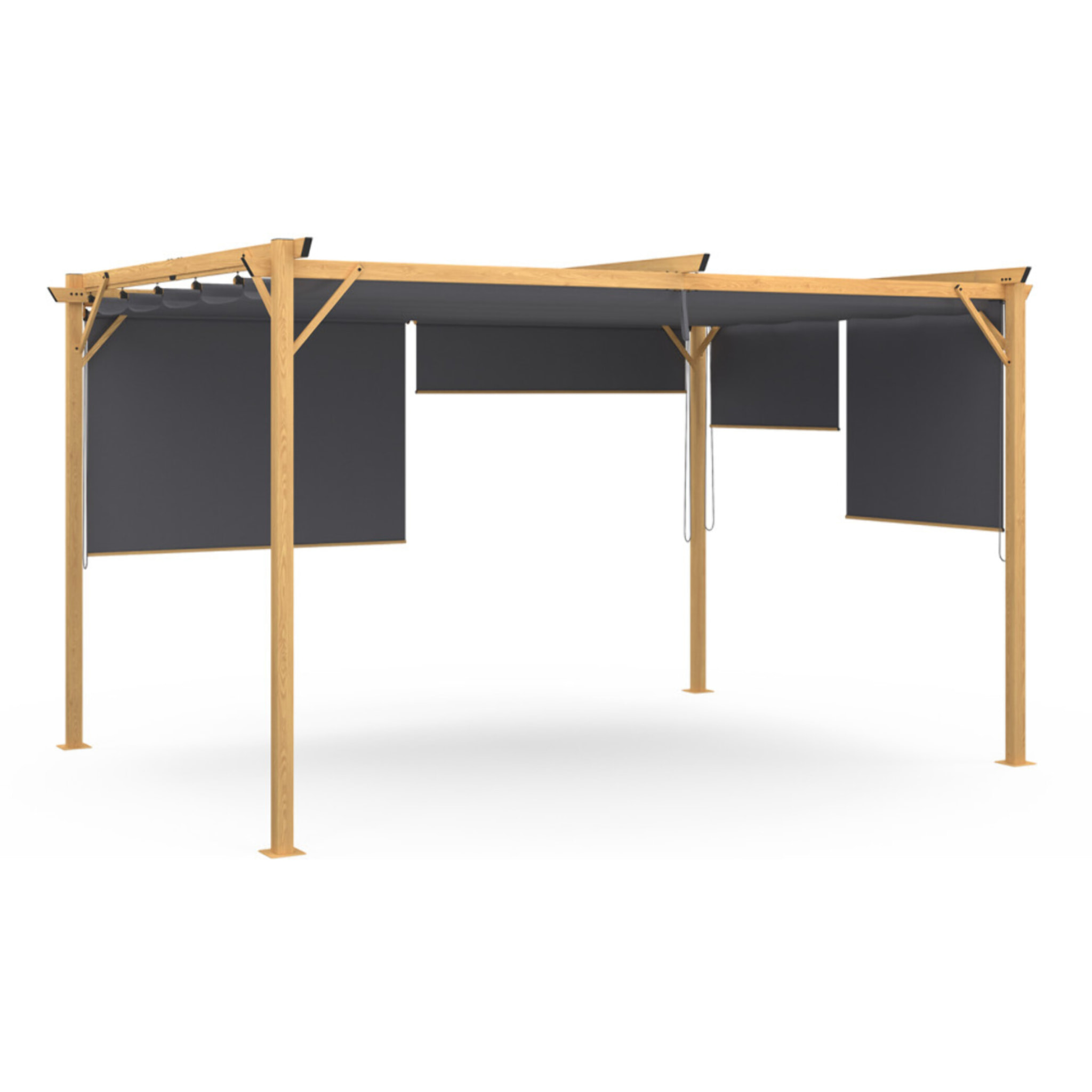 Pergola Marina en acier effet bois avec toit rétractable et 4 stores gris 3x4m