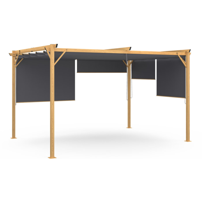 Pergola Marina en acier effet bois avec toit rétractable et 4 stores gris 3x4m
