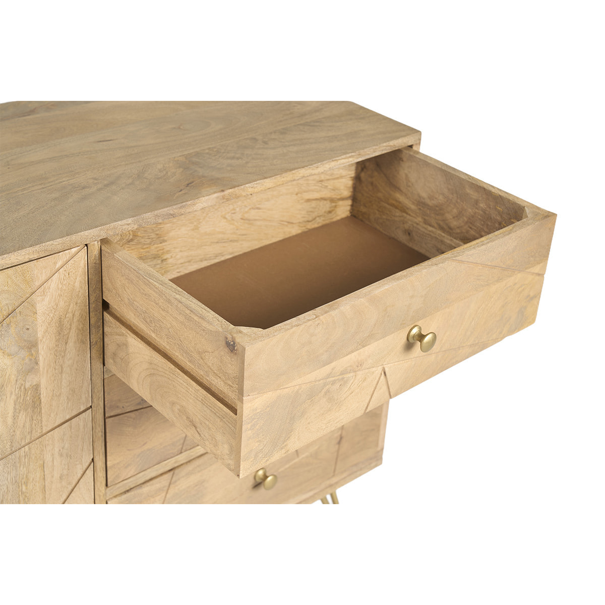 Buffet gravé en bois manguier massif et métal doré 2 portes 3 tiroirs L145 cm LINIUM