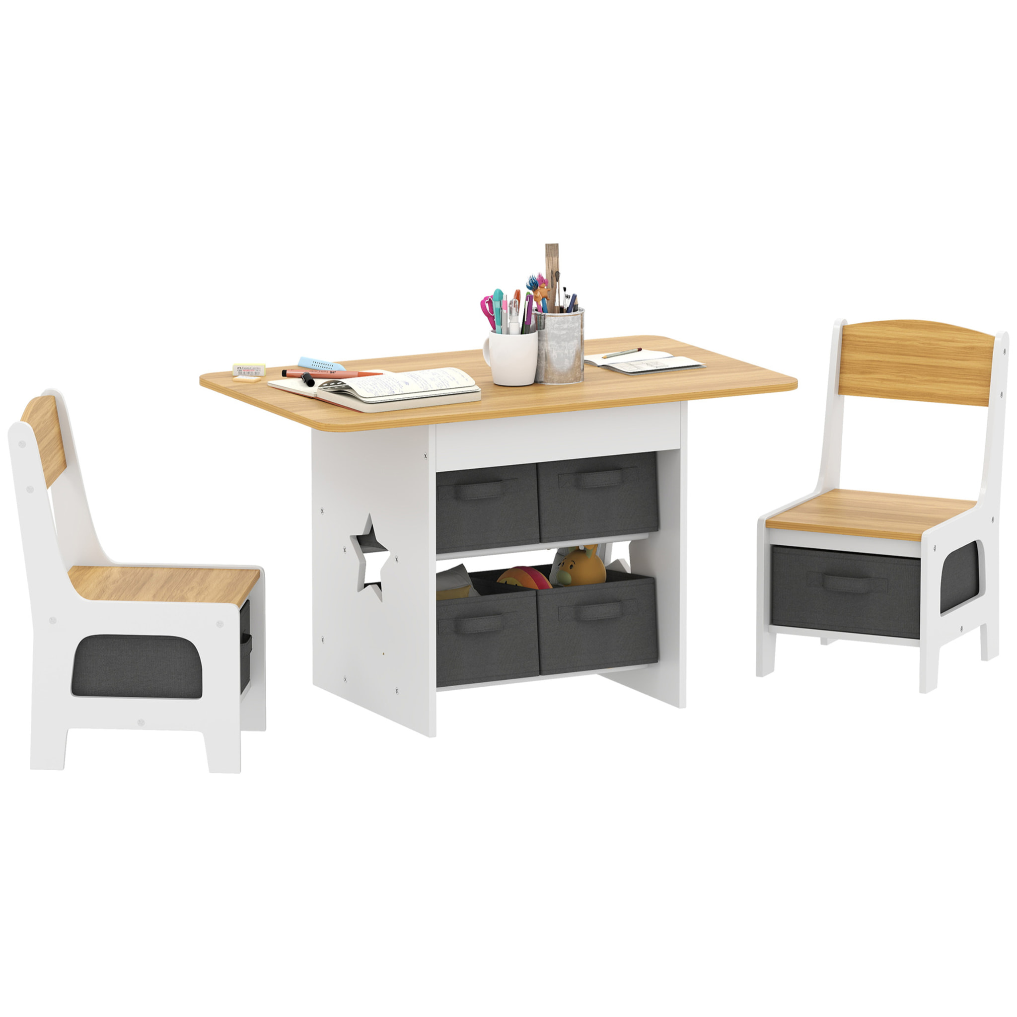 Mesa Infantil con 2 Sillas, Mesa y Sillas Infantil con 6 Cajones de Tela, Diseño Estrellas, para Niños y Niñas de 3-8 Años, para Hogar, Guardería, Aulas, Natural