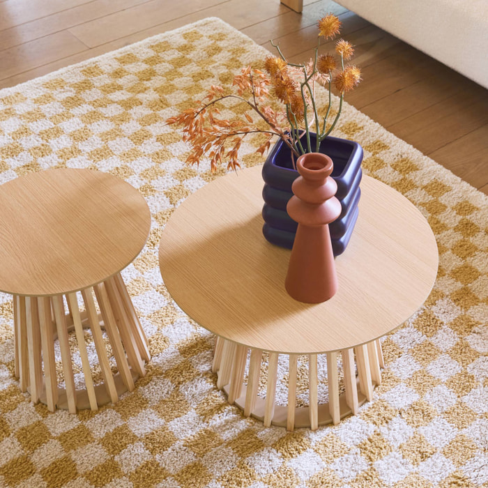 Set de 2 tables basses rondes plateau effet bois chêne et pieds en bois de sapin. Ø40cm et Ø60cm