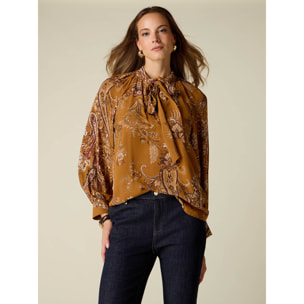 Oltre - Blusa estampada con volantes - Marrón