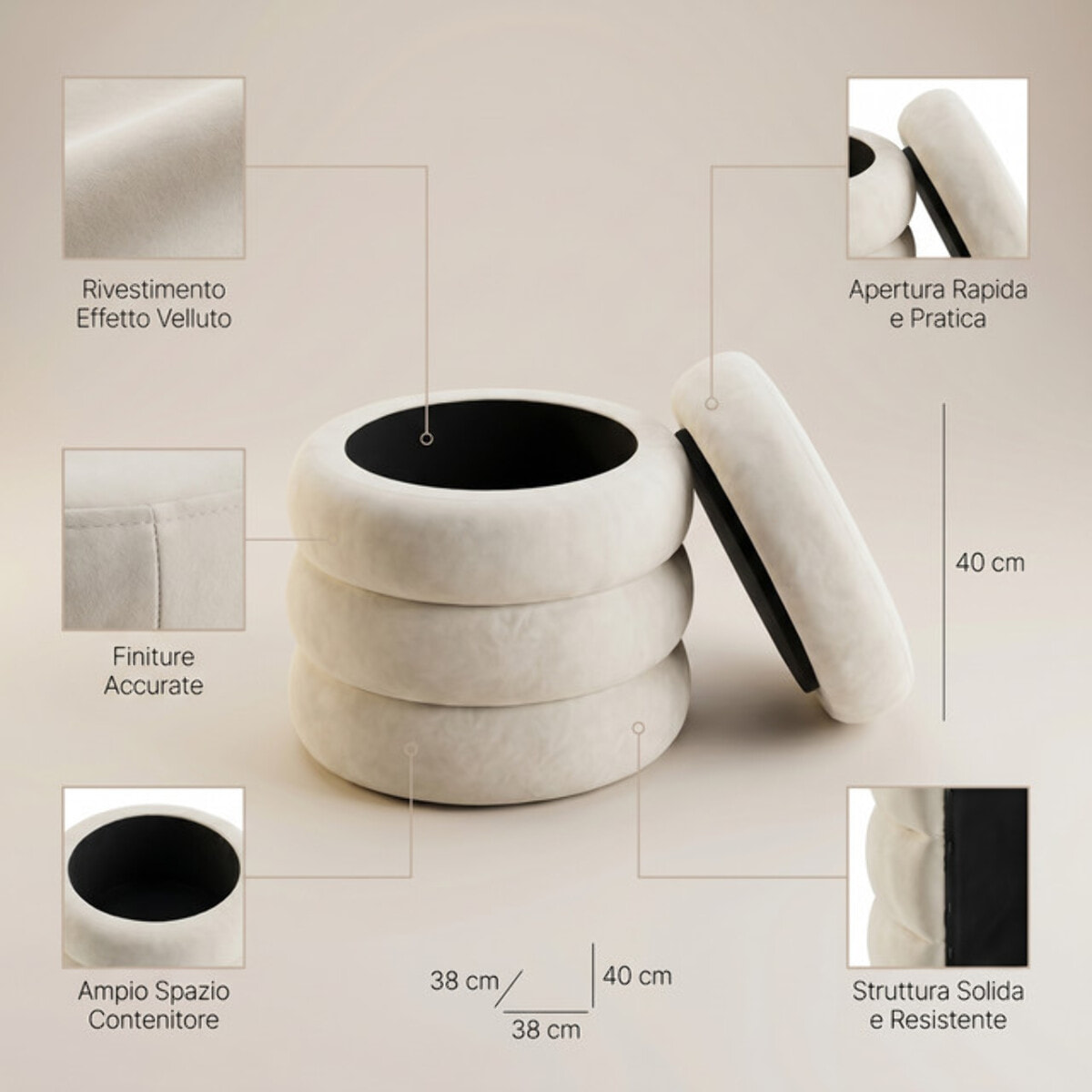 Pouf Contenitore Rotondo in Velluto con Coperchio, Seduta Imbottita con Vano Contenitore Salvaspazio dallo Stile Elegante per Soggiorno, Camera da Letto e Ingresso