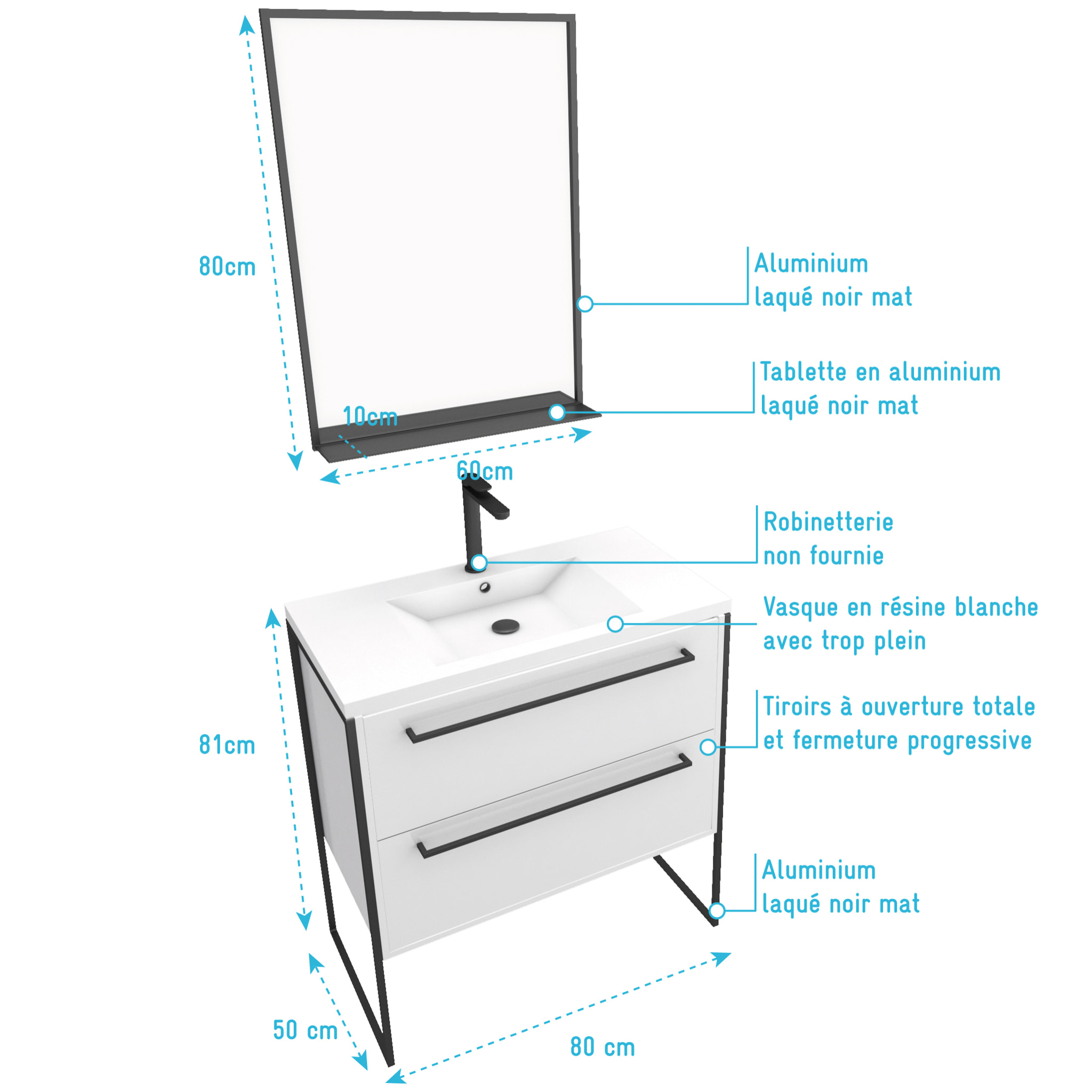 Pack meuble de salle de bain 80x50cm Blanc - 2 tiroirs blanc - vasque blanche + miroir noir mat
