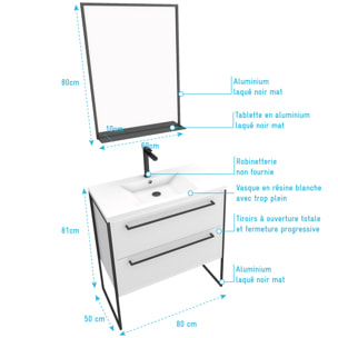 Pack meuble de salle de bain 80x50cm Blanc - 2 tiroirs blanc - vasque blanche + miroir noir mat