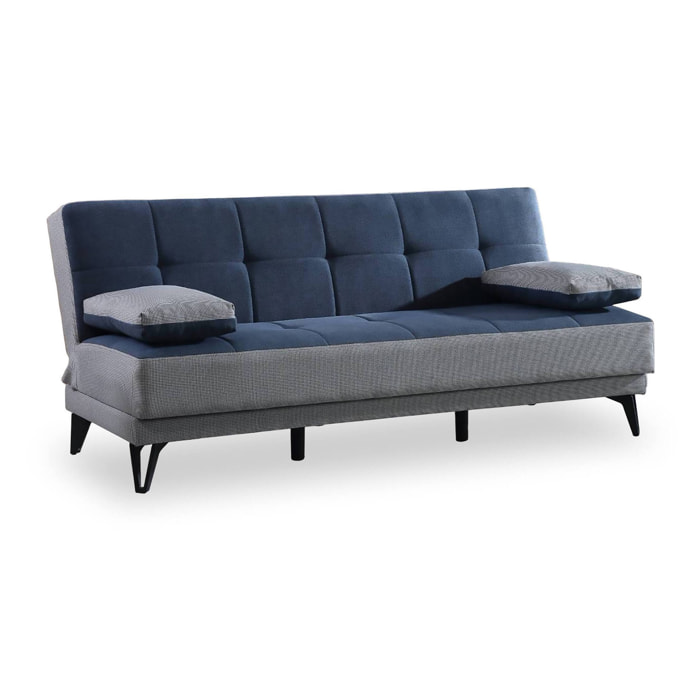 Divano letto Jordi, Divano letto a 3 posti con piedini in metallo nero , Sofà da soggiorno in tessuto imbottito con apertura click-clack, 190x87h97 cm, Grigio e Blu