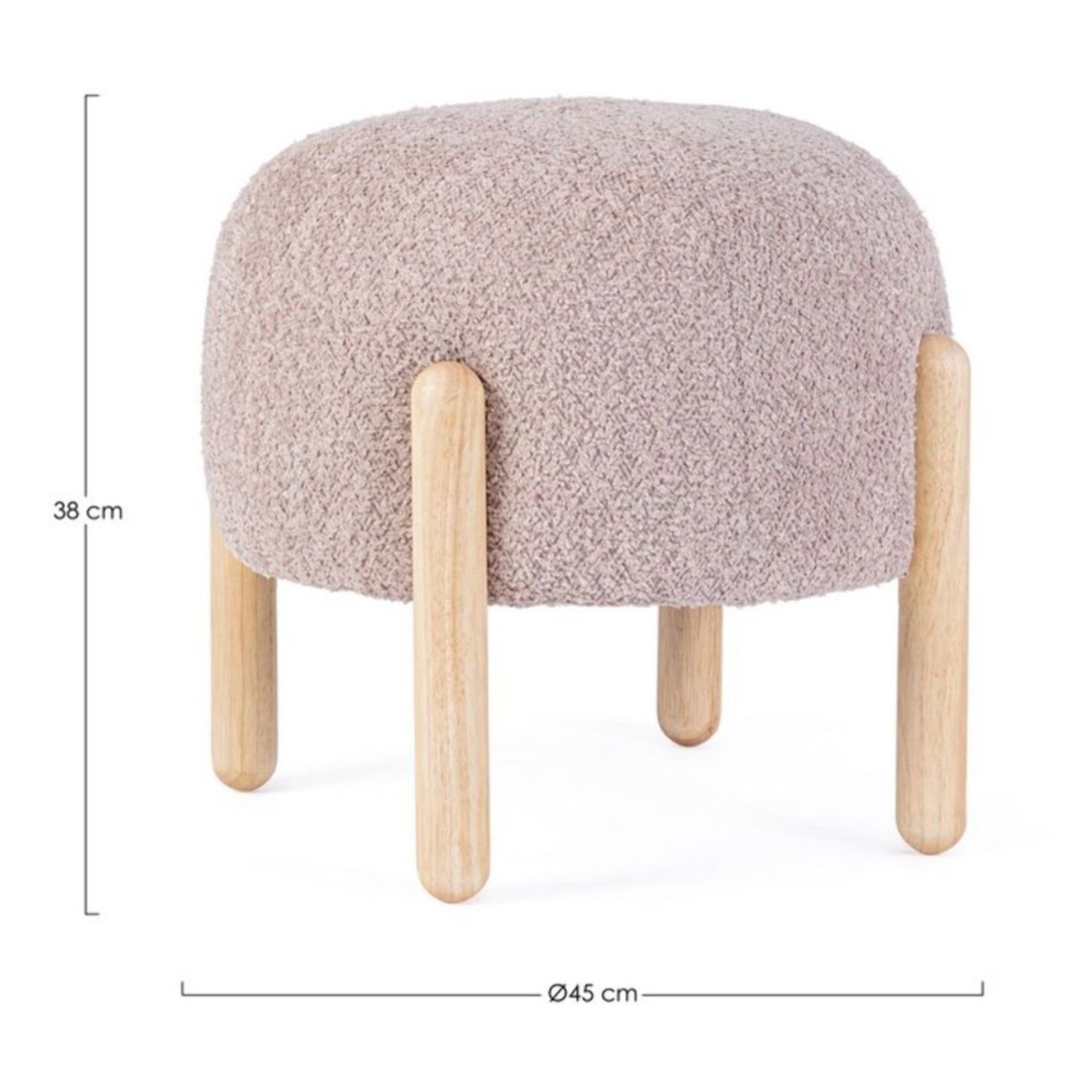 Pouf DAYLA in tessuto rosa antico effetto bouclé e gambe in legno rubber wood