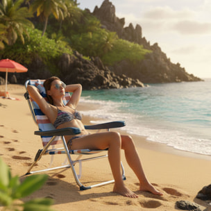 Well Home Silla plegable reclinable con almohada 64x63x32/82cm aluminio anodizado, rayas azules, tejido 600x300D hasta 110kg