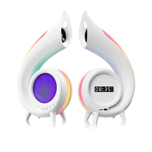 Altavoz concha 6 en 1 con luz de ambiente única con 256 modos y 16M de colores. Reloj, alarmas y espejo de maquillaje. BT5.0 + TF.