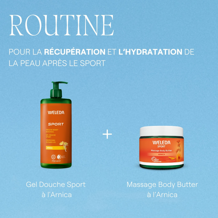 WELEDA - Routine Quotidienne Hydratante - Baume de Massage Arnica + Gel Douche Sport Arnica - Nourrit, nettoie et rafraîchit - Après l'effort - Vegan* - Certifié Natrue** - pot en verre 150ml + Flacon pompe 750ml
