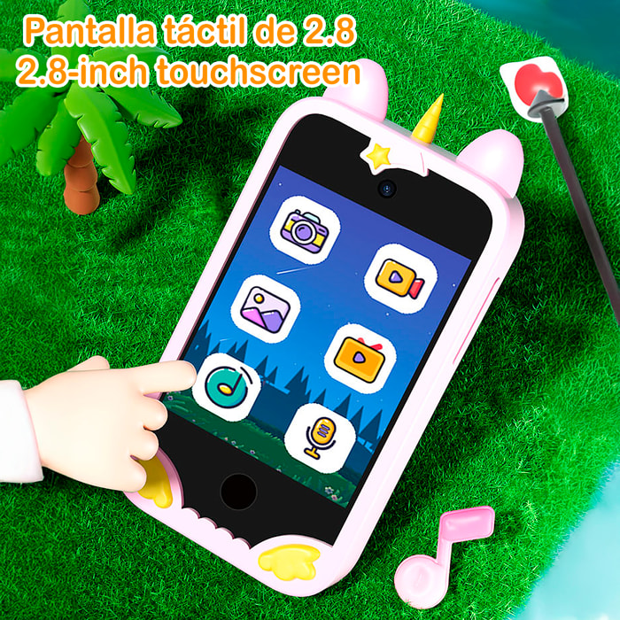 Cámara infantil K8 con forma de teléfono. Con cámara dual de hasta 12MP, video de 1080p y pantalla táctil IPS de 2.8". Con funda de silicona de unicornio.