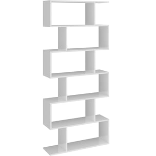 Libreria alta a zig zag a 6 scaffali aperti, Made in Italy, Scaffale per libri e documenti, Libreria da ufficio, cm 80x25h192, colore Bianco lucido