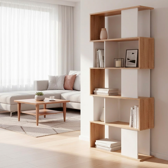 Libreria Moderna a Giorno Con Design Geometrico Asimmetrico Libreria Salvaspazio Ideale Per Soggiorno Studio Ufficio 80x29.5x173.5 cm Rovere e Bianco