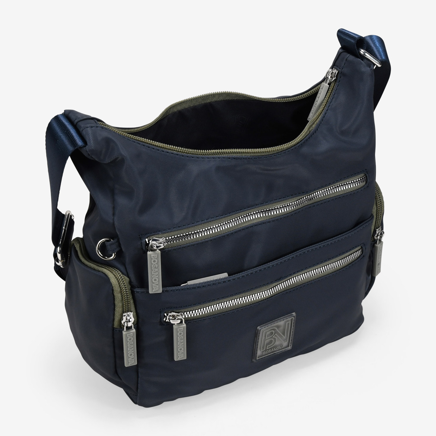 Bolso bandolera azul con cremalleras verdes