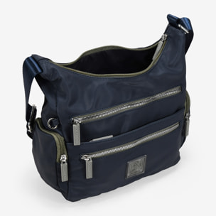 Bolso bandolera azul con cremalleras verdes