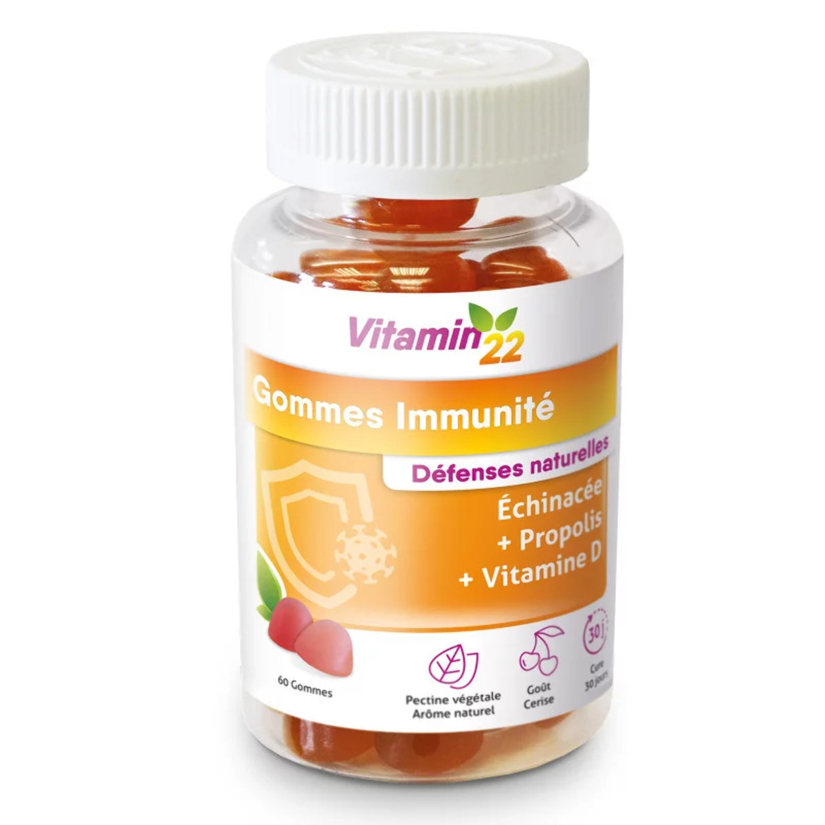 VITAMIN'22 - Gommes immunité - à Base de Vitamine D, Propolis et Échinacée - Booste les défenses immunitaires - Au délicieux goût de cerise - 60 gommes