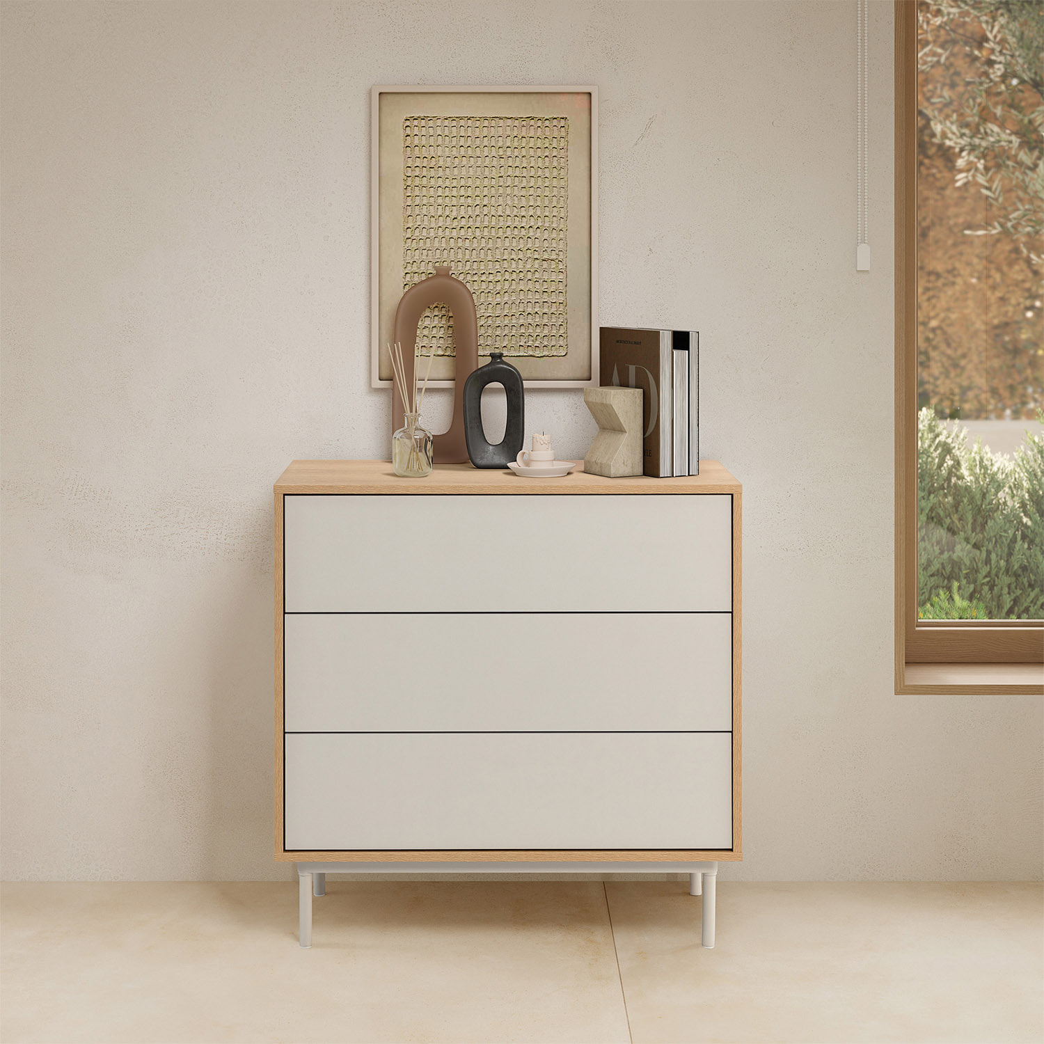 Cómoda de noche Cuzco 3 cajones color Roble/Gris