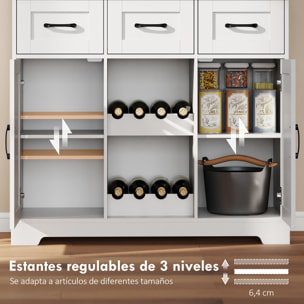 Alacena de Cocina Alta, Mueble Auxiliar de Cocina, Botellero para 8 Botellas, 4 Puertas, 3 Cajones, Estantes Abiertos, Encimera Amplio, 4 Ganchos, Orificio para Cables, Blanco, 100x38x172 cm