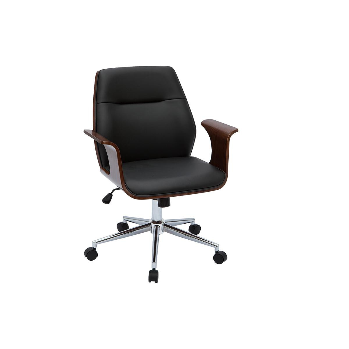 Chaise de bureau à roulettes design en tissu gris clair, bois clair et  acier chromé WALNUT