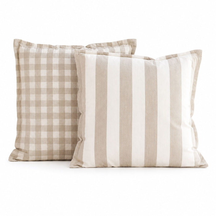 Housse de coussin recto-verso 100% coton rayures et vichy LOURMARIN - Beige