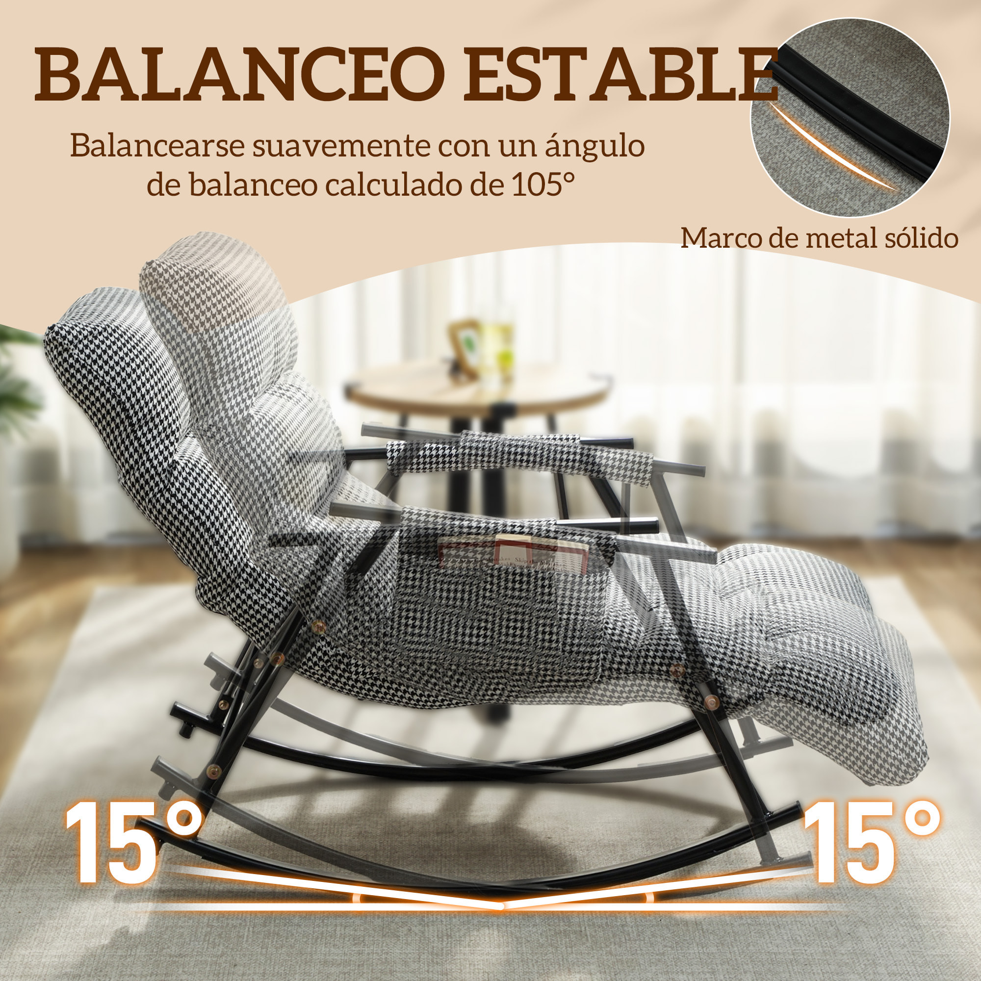 Silla Mecedora con Respaldo y Reposapiés Ajustables, Mecedora Sillón Balancín 105°, Tapizada en Lino, con Bolsillo Lateral y Marco de Metal, Carga 120 kg, para Dormitorio, Salón, Negro y Blanco