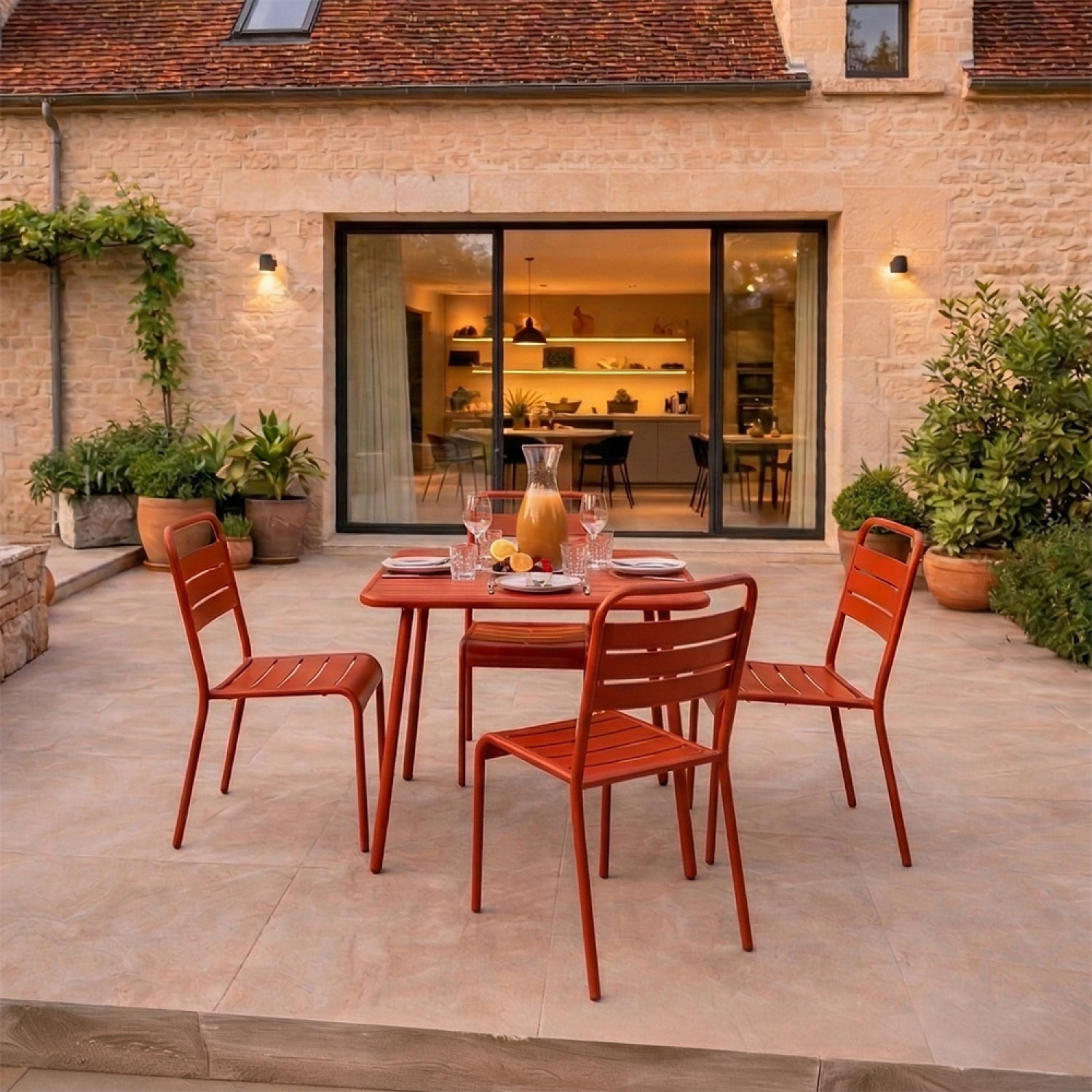 Ensemble table de jardin carrée 70cm et 4 chaises terracotta EVORA