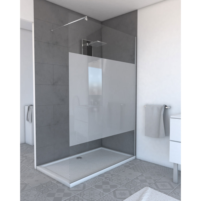 Paroi de Douche Dépolie 120x200cm + Barre de fixation extensible - Verre 8mm - Finition Chrome