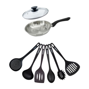 Set poêle en inox, couvercle verre et 6 ustensiles RPET Fackelmann Geneva
